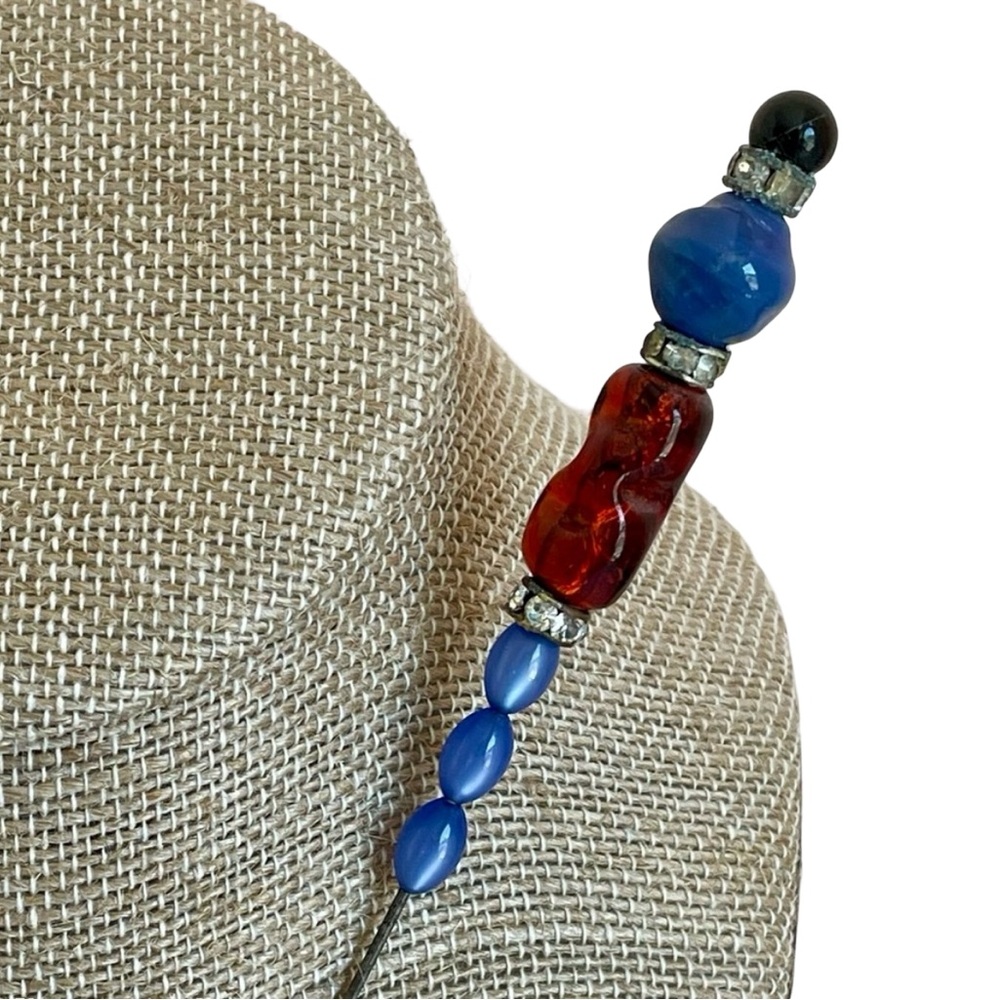 Vintage Beaded Hat Pin Blue Black Amber And Rhinestone